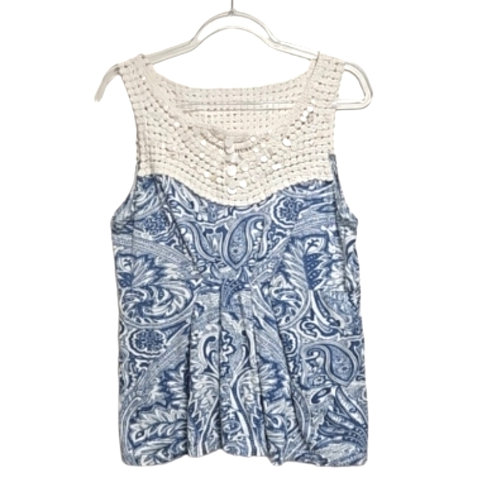 Anthropologie Deletta crochet blue costal tank top sequins women's size Large